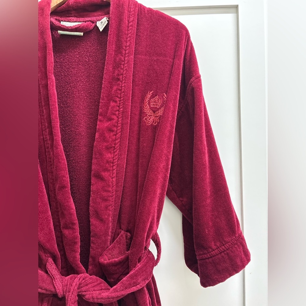 TJ Lawford Turkish Cotton Robe Womens  Medium Red Crown crest Terrycloth Belted - Picture 4 of 10